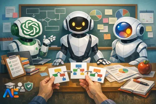 En lärare som jämför AI-assistenter på en laptop medan hen planerar lektioner