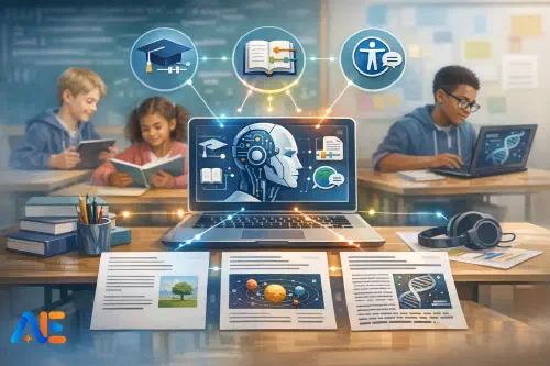 En lärare som granskar AI-genererade differentierade resurser på en laptop medan elever arbetar på olika nivåer