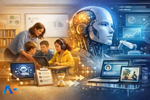 Ett skolledarteam som granskar AI-beredskapsplaner på en laptop