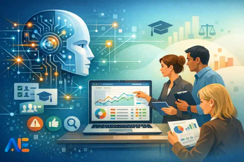 En lärare som granskar trender för närvaro, beteende och kunskapsresultat på en instrumentpanel på en laptop