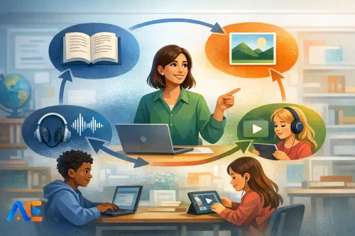 En lärare som vägleder elever genom uppgifter med text, bild, ljud och video på en klassrumsskärm