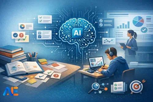 En elev som repeterar med en specifikation och en AI-stödd checklista bredvid sina anteckningar