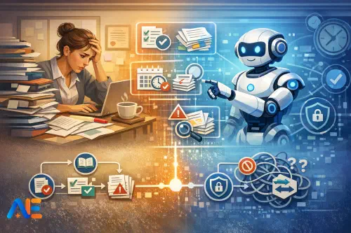 En lärare som granskar en uppgiftskarta för arbetsbelastning tillsammans med ett AI-verktyg på en laptop