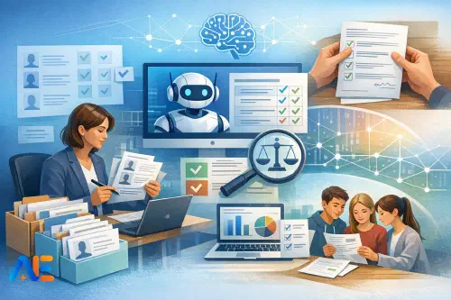 En lärare som granskar anonymiserat elevarbete tillsammans med ett AI-stött arbetsflöde för rättning