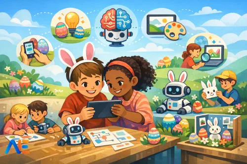 A pupil holding an Easter-themed worksheet alongside a tablet showing an AI prompt