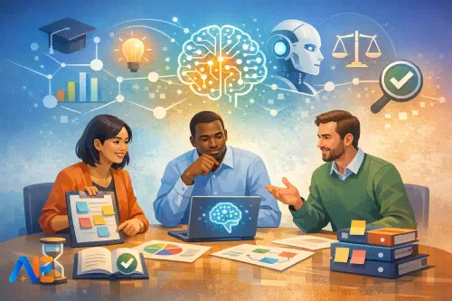 En grupp lärare som genomför en kort AI-retrospektiv med en enkel mall