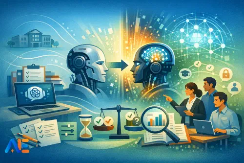 A school leader and teacher running a calm AI release-day checklist on a laptop