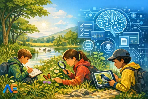 Elever som gör vårfältarbete utomhus med anteckningsböcker, med telefoner undanlagda tills efter observationerna