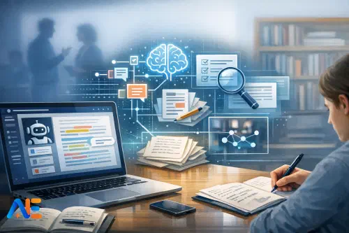 En lärare som samtalar med en elev medan en AI-skrivassistent är öppen på en laptop