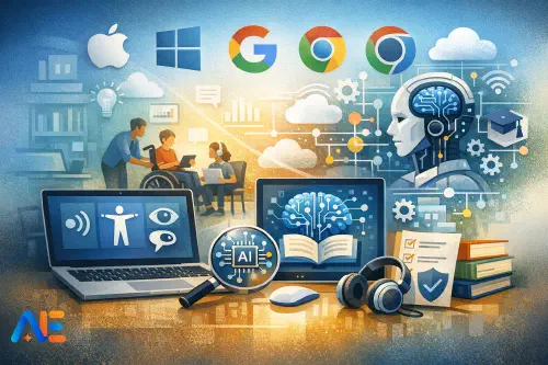 En klasslärare som kontrollerar tillgänglighetsinställningar på en laptop medan elever använder undertexter och diktering