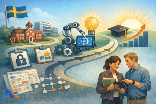 Ett skolledarteam som granskar läroplansutkast och scheman med AI-stöd