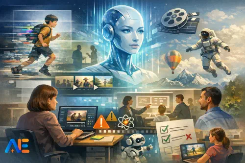 En lärare granskar ett AI-genererat videoklipp tillsammans med elever i ett klassrum