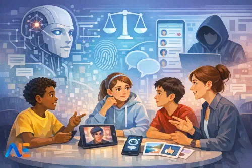 A teacher leading a circle-time discussion about AI ethics with pupils