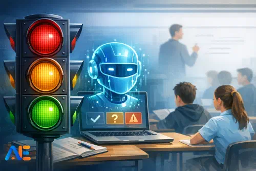 A classroom poster showing an AI traffic-light system for exam season boundaries
