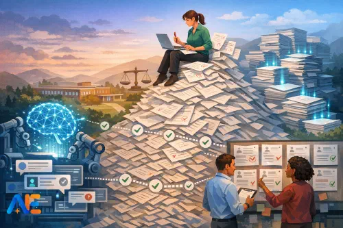 En lärare som granskar anonymiserat elevarbete på en laptop med en bedömningsmatris bredvid