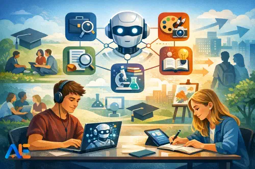 Elever som samarbetar kring ett AI-projekt efter proven i en klassrumsstudio