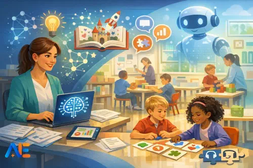 A primary teacher using AI behind the scenes to prepare lesson resources while pupils work at tables