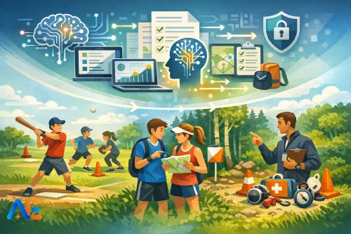 En idrottslärare som går igenom lektionsanteckningar på en laptop bredvid idrottsutrustning