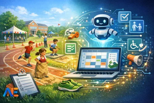 En lärare som planerar ett Sports Day-schema på en laptop med en friidrottsbana i bakgrunden