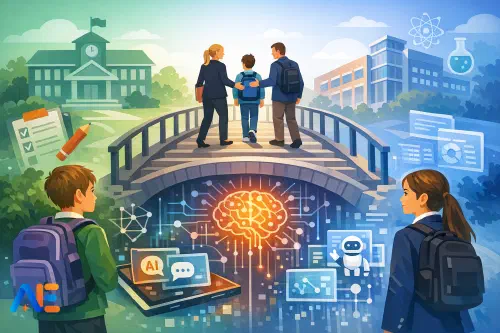 En lärare i Year 6 och en lärare i Year 7 som samplanerar övergångsuppgifter med en laptop och elevers arbetsböcker