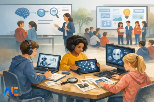 Elever som samarbetar i ett AI-utforskningsprojekt med anteckningsböcker och en delad enhet