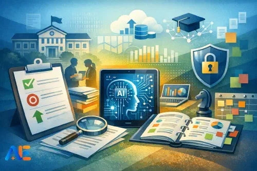 En skolledningsgrupp som granskar ett evidenspaket för en AI-revision