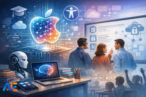 A school IT lead and teacher reviewing Apple AI updates on a managed iPad