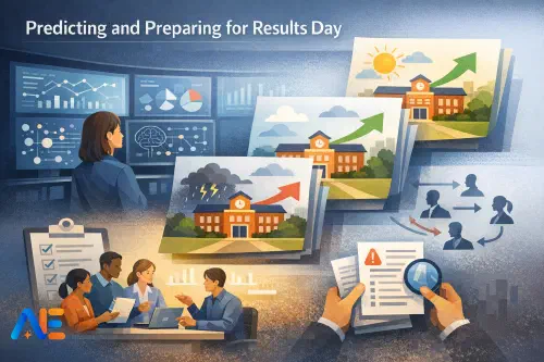 Ett skolledarteam som går igenom scenarier för resultatdagen på en delad skärm