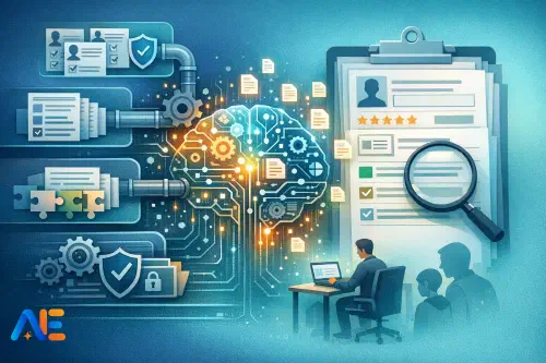 En lärare som granskar årsrapporter på en laptop med en modereringschecklista bredvid