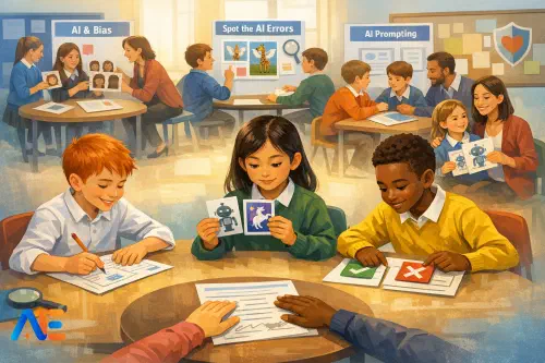 Elever som roterar mellan korta stationer under en övergångsdag med fokus på trygga AI-vanor