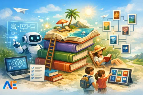 A school librarian creating summer reading pathways with AI on a laptop