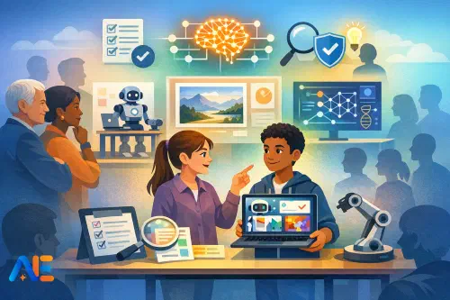 Elever som presenterar AI-projekt med evidenspaket på en utställning vid läsårets slut