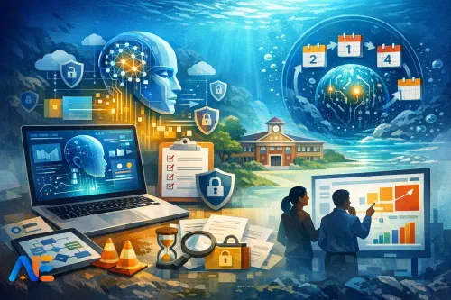 En lärare som utvärderar en AI-assistent på en laptop med en checklista och lektionsresurser