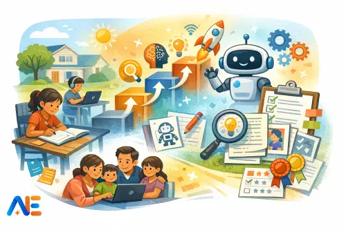 A student completing a summer AI challenge with a paper evidence pack and a shared family device