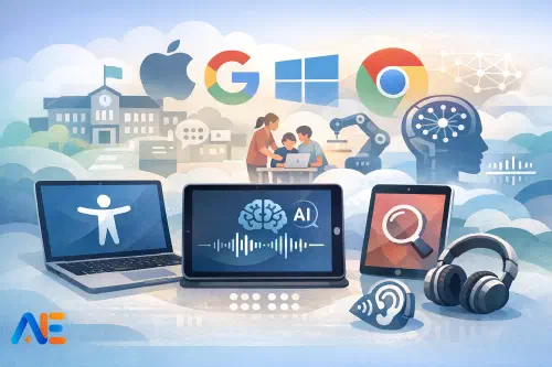 A teacher setting up accessibility options on mixed classroom devices