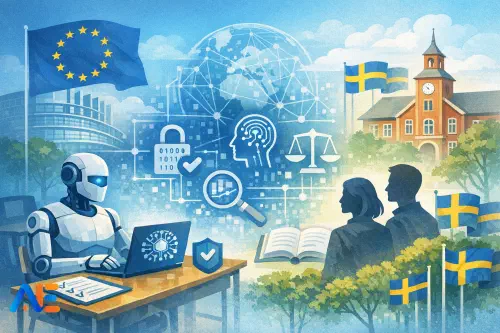 En svensk lärare som granskar ett AI-verktyg med en enkel checklista för regelefterlevnad