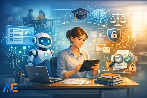 An early career teacher using an AI assistant at a desk with lesson plans and a safeguarding checklist