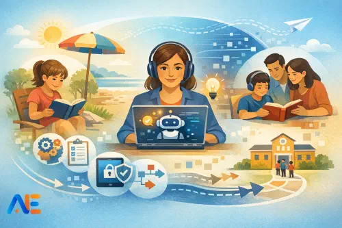 En vuxen och en elev som använder en enkel sommarläsrutin med anteckningsbok och bok, med AI som bara används i bakgrunden