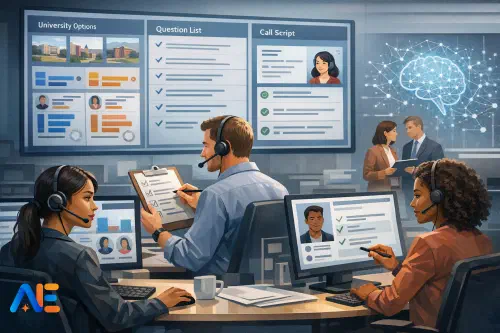 Ett sixth form-team som driver ett Clearing-kontrollrum med laptops, samtalsblad och en tydlig sign-off-tavla