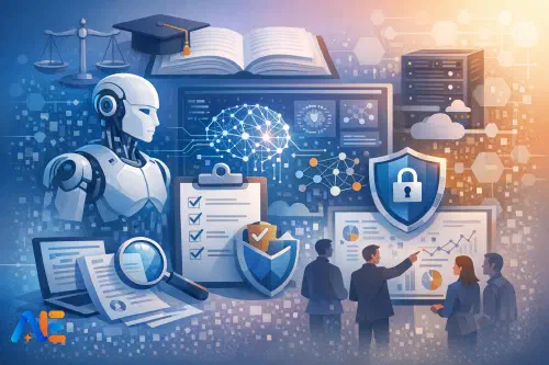 Skolledare som går igenom policyuppdateringar för AI och en checklista för bedömningens integritet