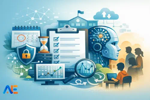 En skolledare och en lärare som granskar en överenskommelse om AI-användning och integritet på en laptop