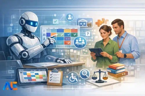 Ett driftteam som granskar alternativ för schemaläggning och vikariehantering med en AI copilot på skärmen