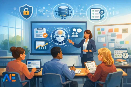 Personal som samarbetar under en INSET AI-utbildningsworkshop med ett gemensamt säkerhetsprotokoll på skärmen