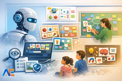 A teacher preparing inclusive AI-designed classroom displays for learning