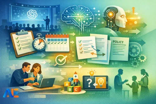 En skolledare och en lärare som granskar en AI-utvärderingsplan på en bärbar dator