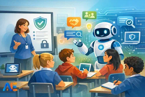 En samtalscirkel på mentorstid i årskurs 7 med en Trygg AI-stadga på tavlan