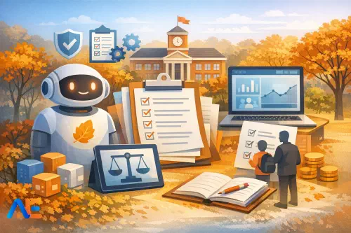 En IT-ansvarig på skolan och en lärare som granskar en uppdatering av ett AI-verktyg på en laptop