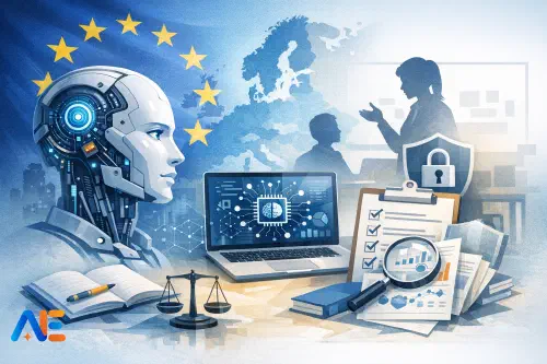 En skolledare som granskar AI-inköpsdokument tillsammans med en IT-kollega