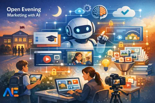 Koulun tiimi suunnittelemassa Open Evening -viestintää kannettavien tietokoneiden ja tulostettujen materiaalien kanssa