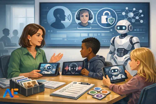 En lärare som leder en AI-etisk diskussion med elever med hjälp av utskrivna fallkort